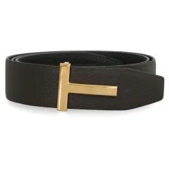 Grainy Leather Reversible Belt with Gold-tone Buckle