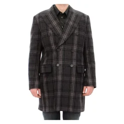 Gray Checkered Double Breasted Wool Coat
