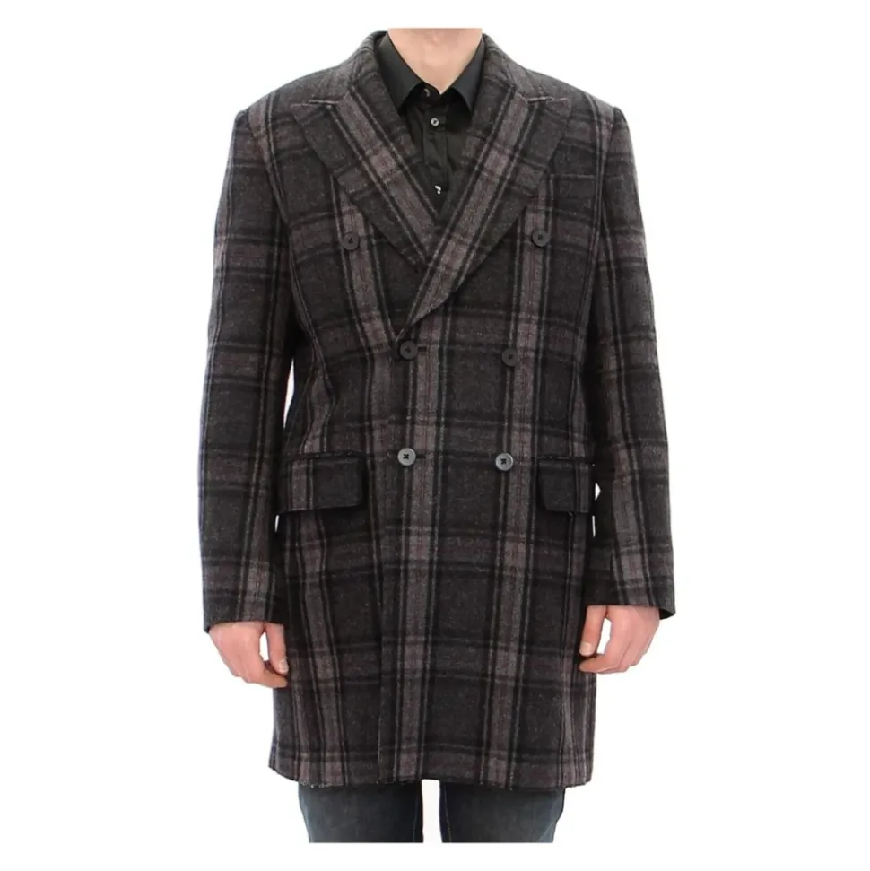Gray Checkered Double Breasted Wool Coat