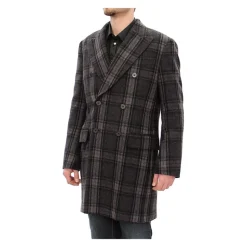 Gray Checkered Double Breasted Wool Coat