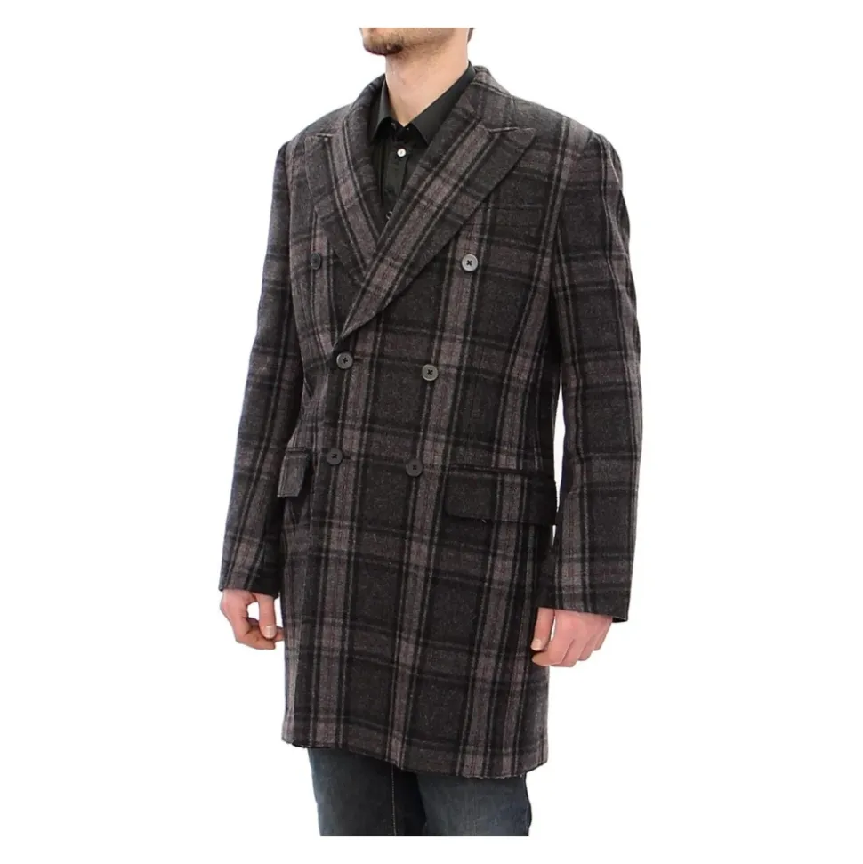 Gray Checkered Double Breasted Wool Coat