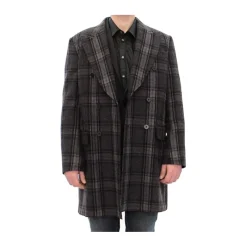 Gray Checkered Double Breasted Wool Coat
