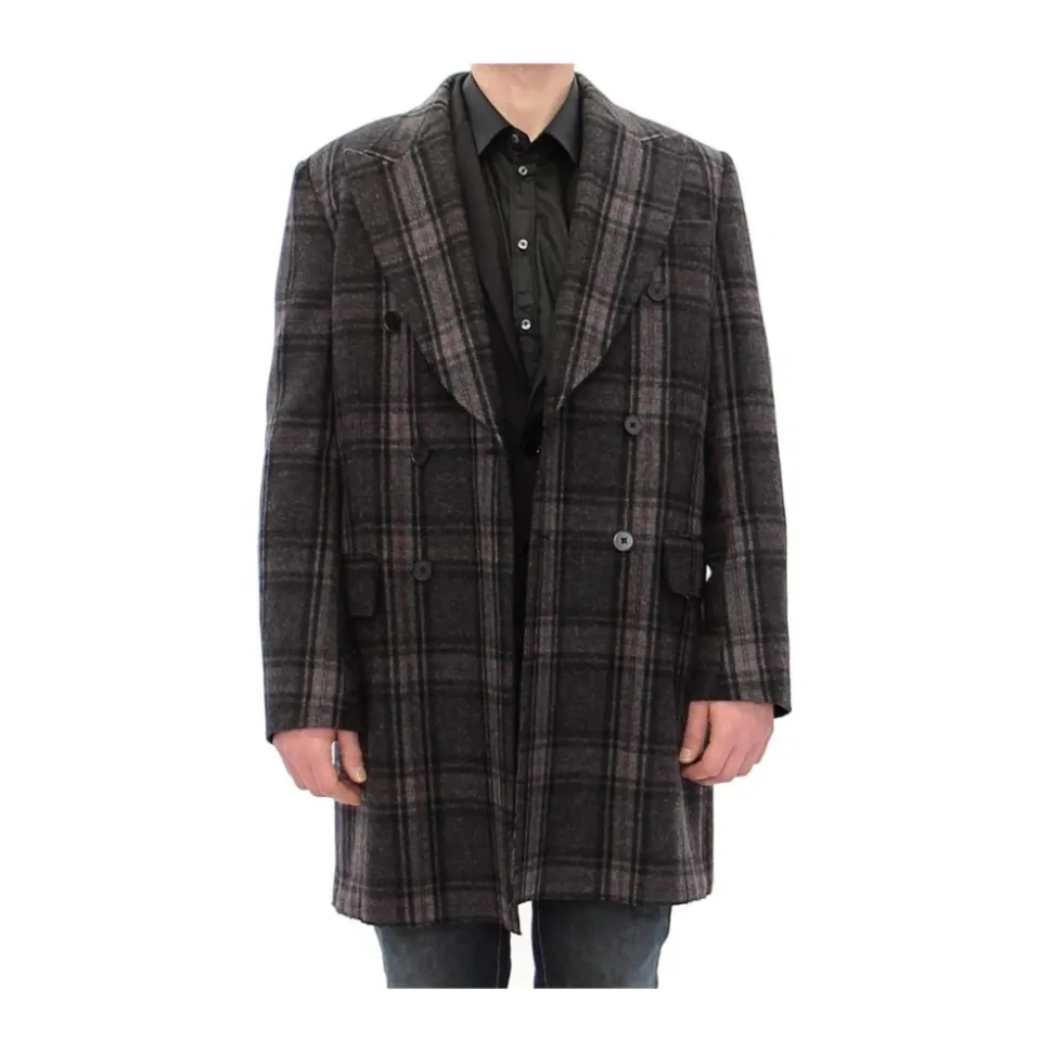 Gray Checkered Double Breasted Wool Coat
