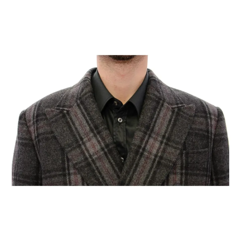 Gray Checkered Double Breasted Wool Coat