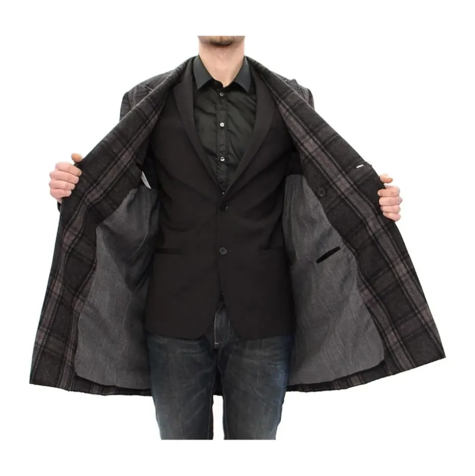 Gray Checkered Double Breasted Wool Coat