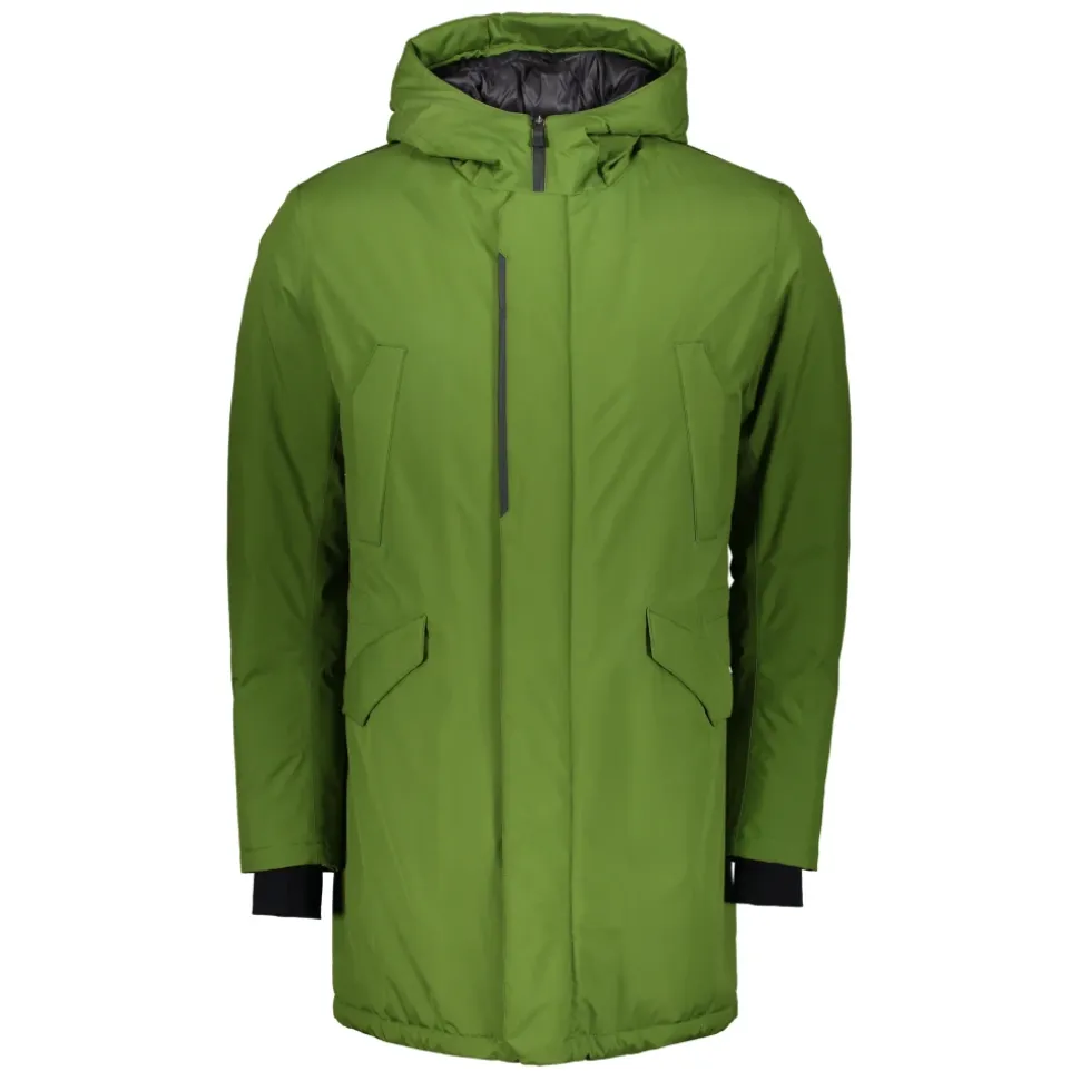 Green jacket with adjustable hood