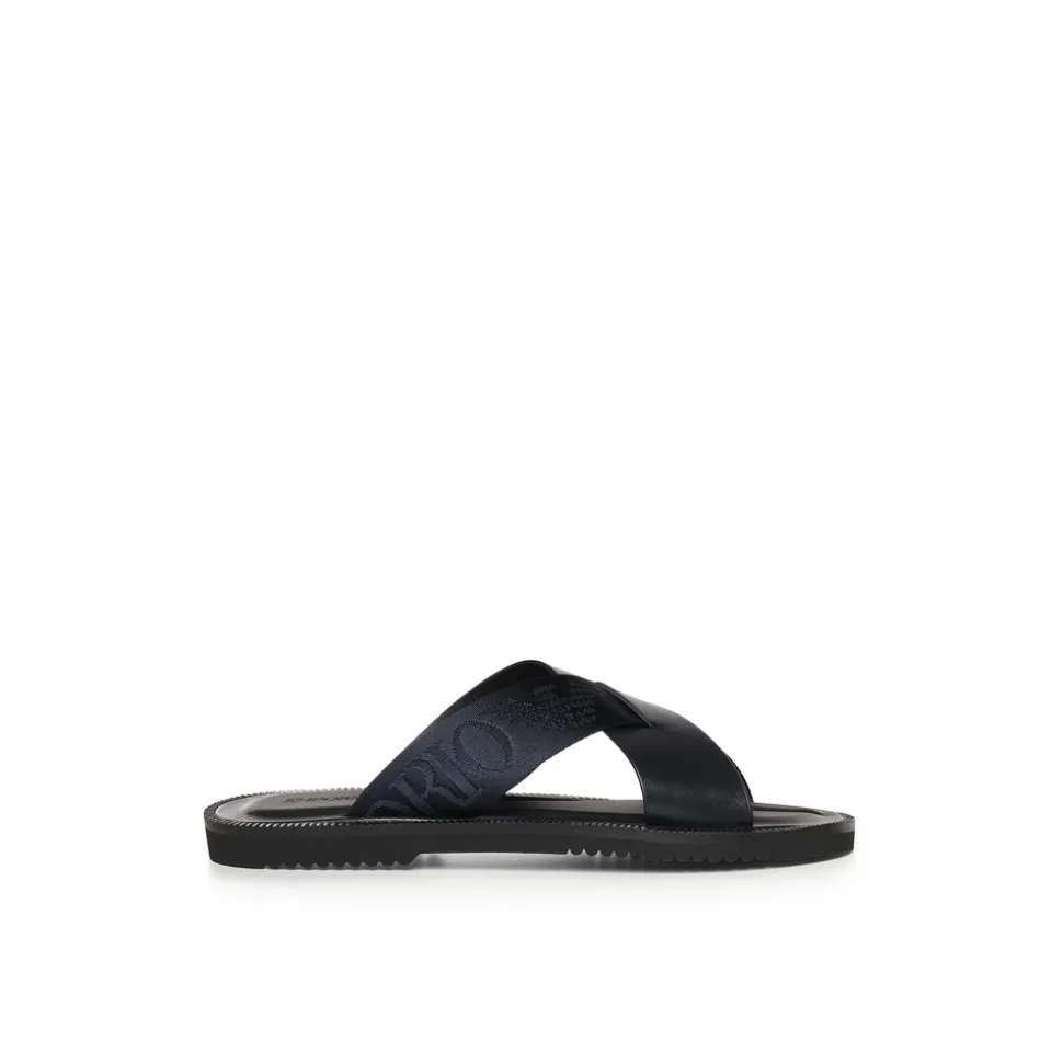 Leather Cross-over Sandals with Logo Tape