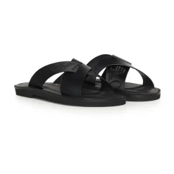 Leather Cross-Over Sandals with Logo Tape