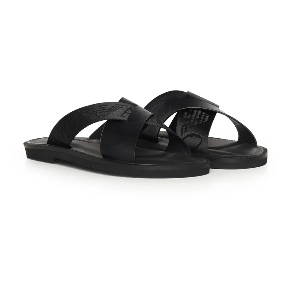 Leather Cross-Over Sandals with Logo Tape