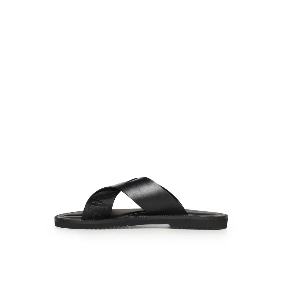Leather Cross-Over Sandals with Logo Tape