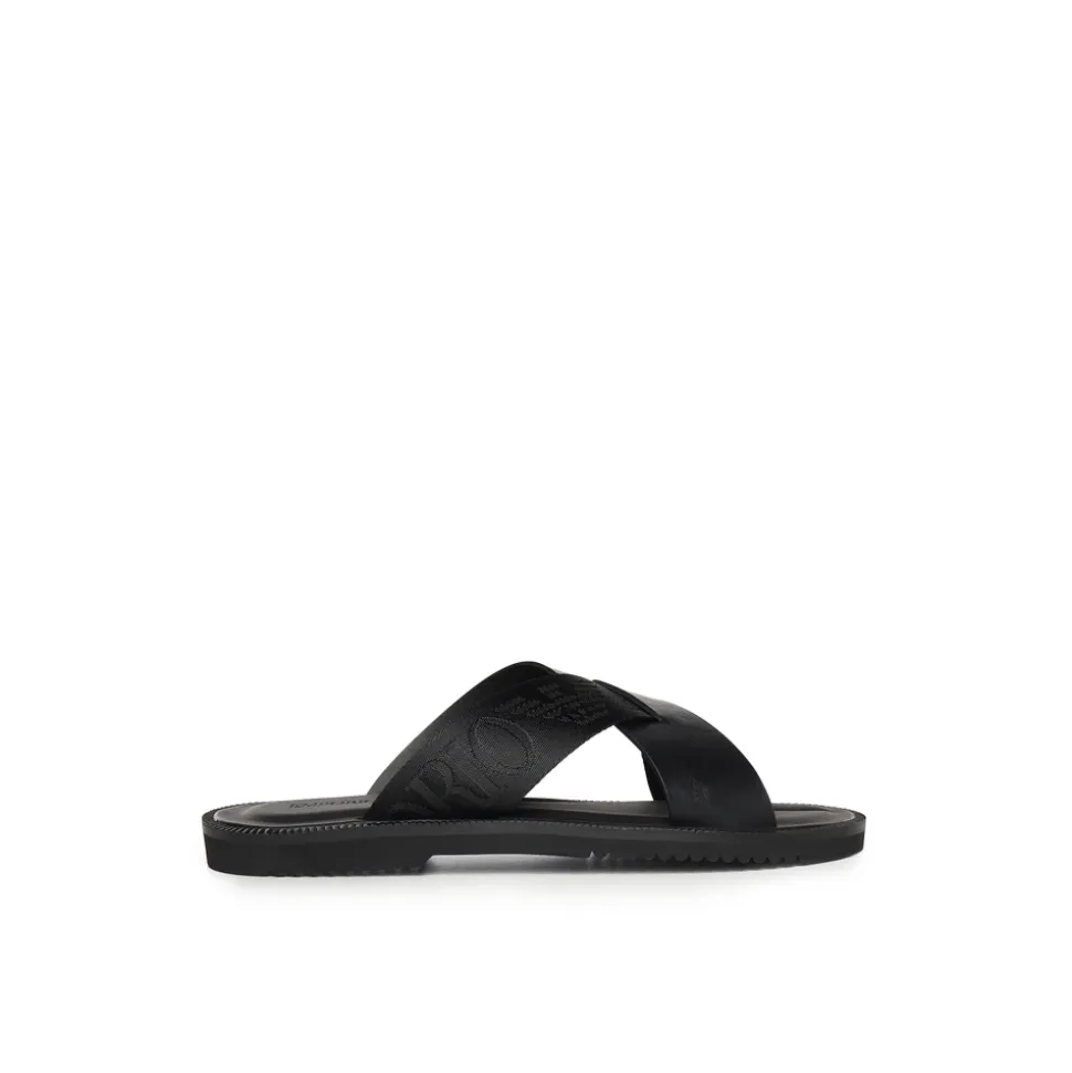 Leather Cross-Over Sandals with Logo Tape