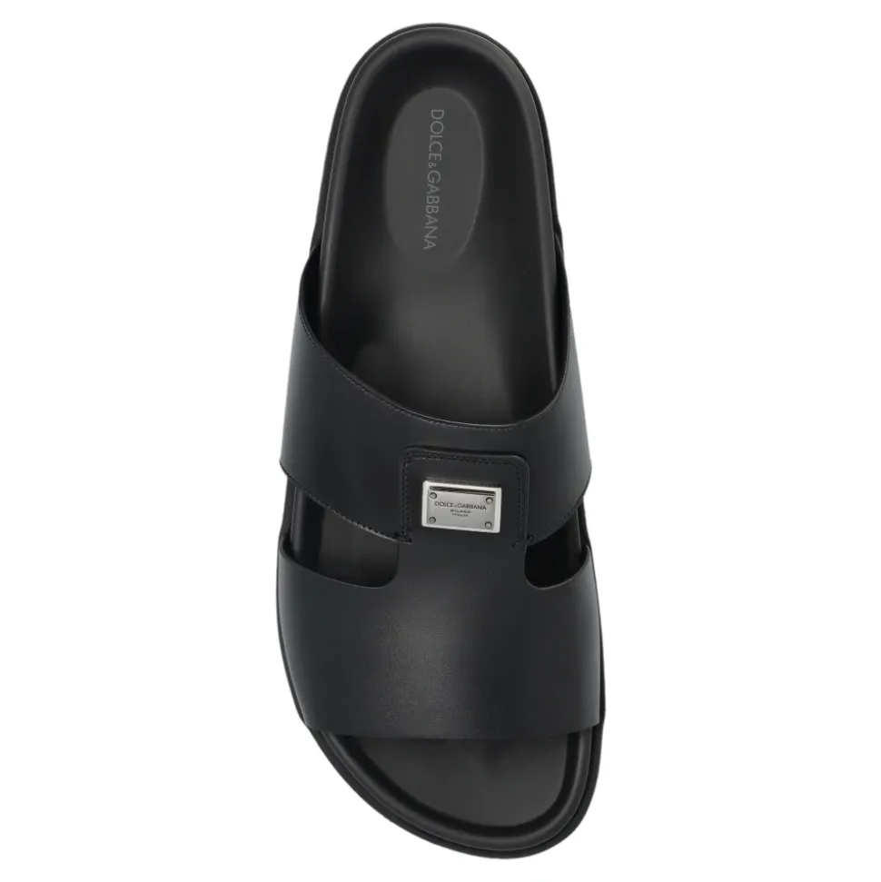 Leather slides with appliqué