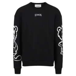 Regular fit black crewneck sweatshirt with Bear print and logo embroidery