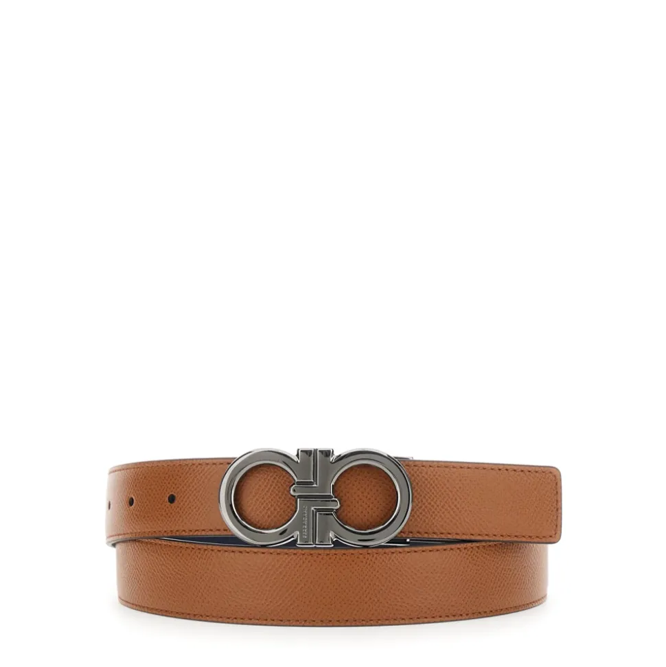 Reversible Belt with Gancini Buckle in Hammered Leather