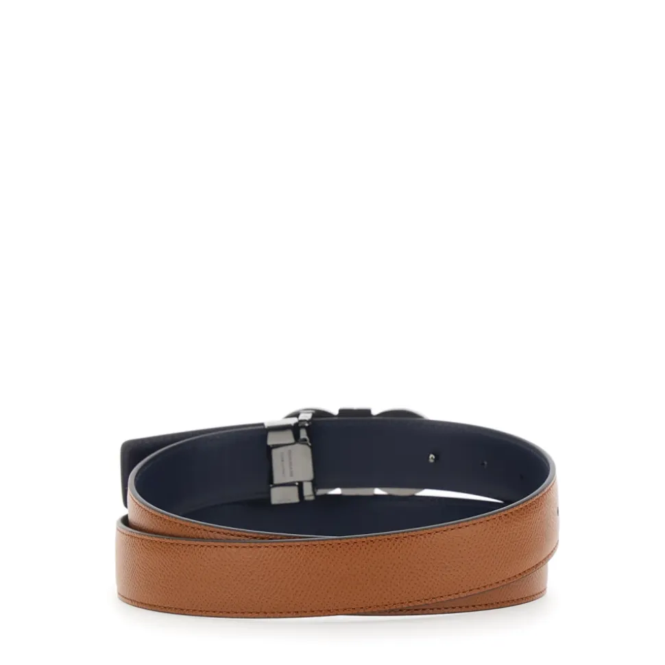 Reversible Belt with Gancini Buckle in Hammered Leather