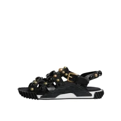 Studded Leather Slide Sandals with Logo