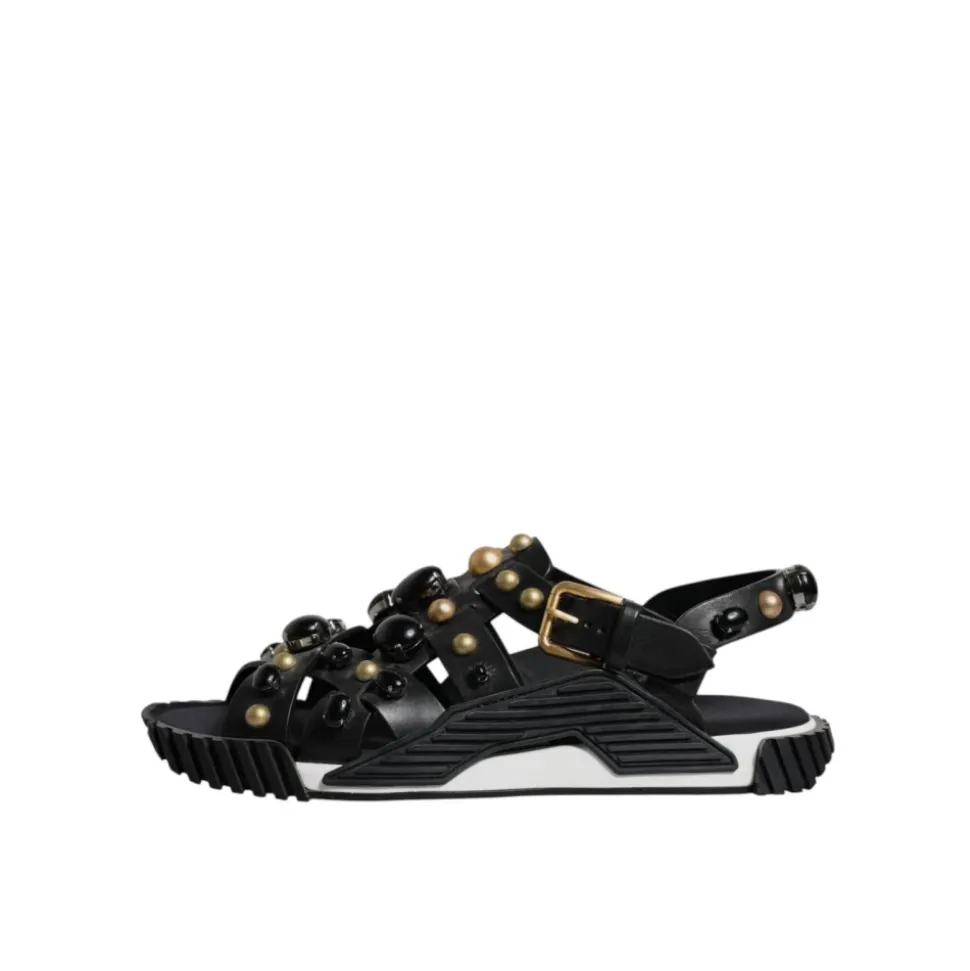 Studded Leather Slide Sandals with Logo