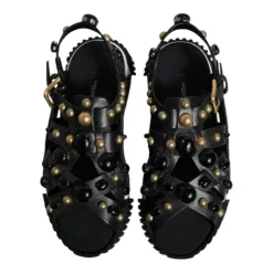 Studded Leather Slide Sandals with Logo