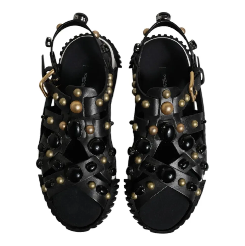 Studded Leather Slide Sandals with Logo