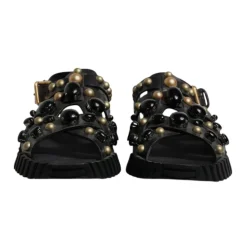 Studded Leather Slide Sandals with Logo