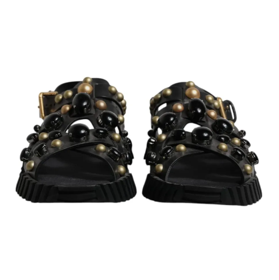 Studded Leather Slide Sandals with Logo