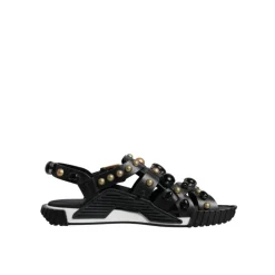 Studded Leather Slide Sandals with Logo