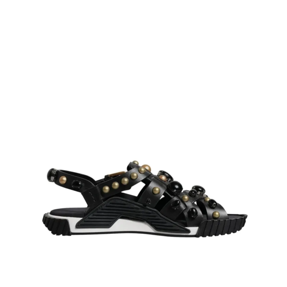 Studded Leather Slide Sandals with Logo