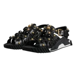 Studded Leather Slide Sandals with Logo