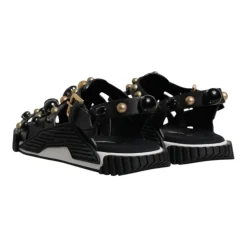 Studded Leather Slide Sandals with Logo