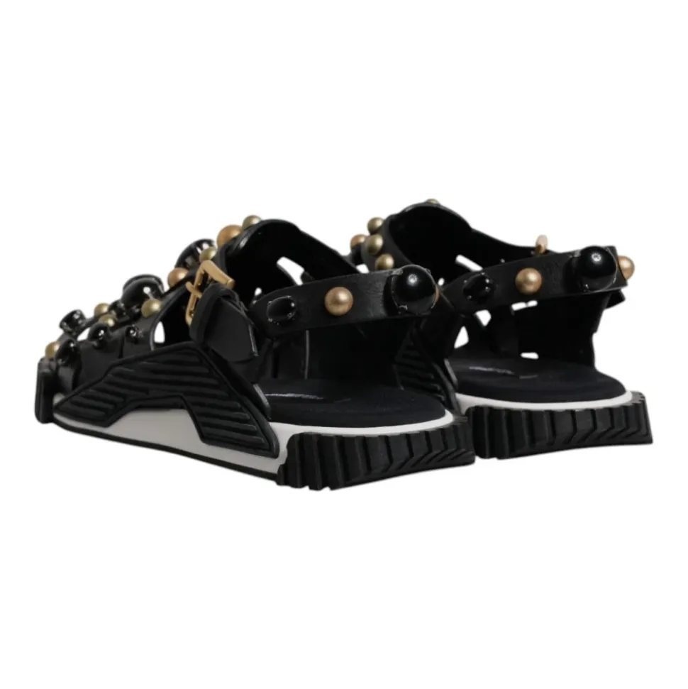 Studded Leather Slide Sandals with Logo