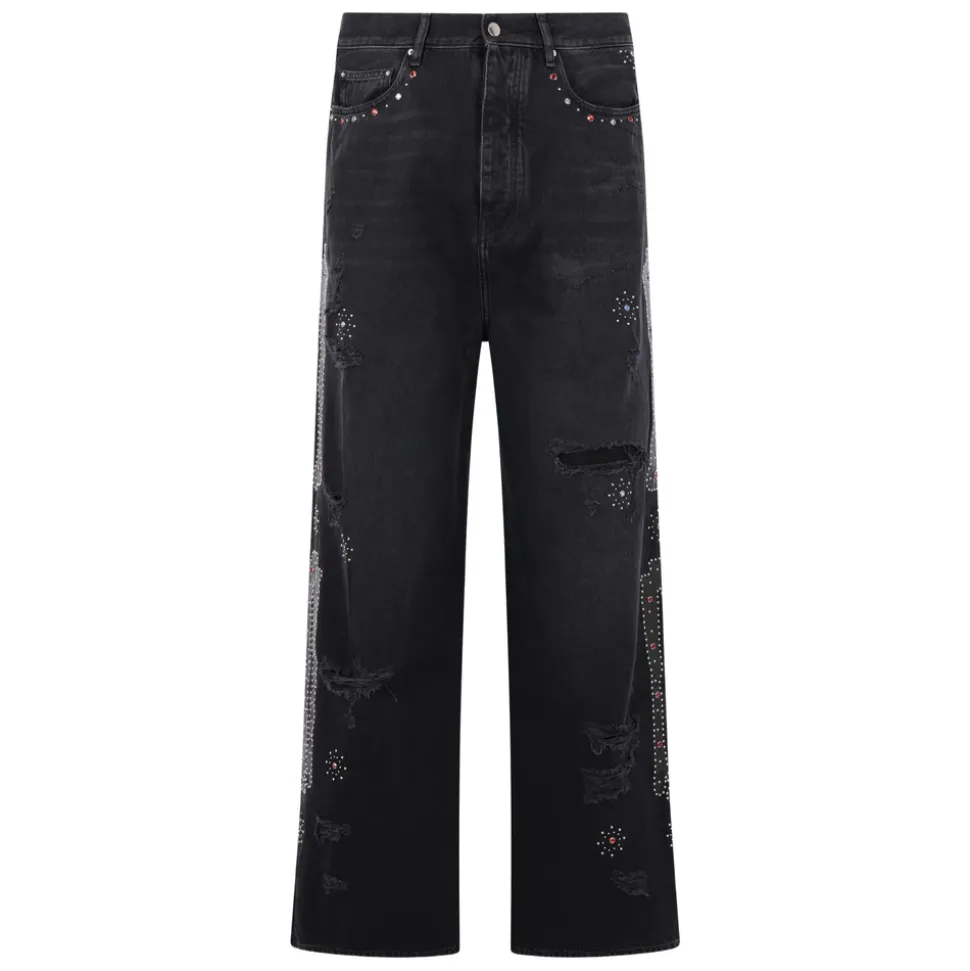 Studded Ripped Wide-leg Jeans