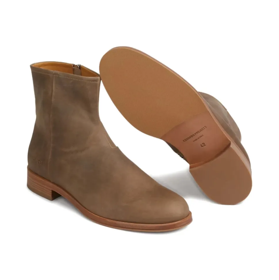 Taupe Leather Side-Zip Low Heel Shoes