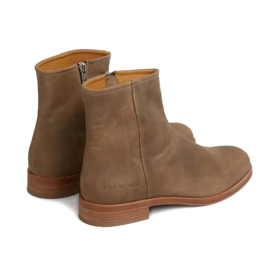 Taupe Leather Side-Zip Low Heel Shoes