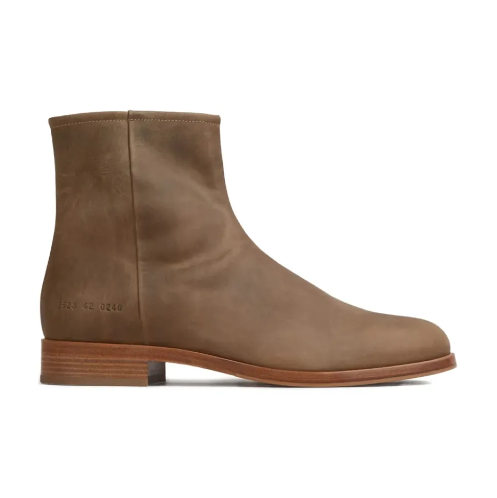 Taupe Leather Side-Zip Low Heel Shoes