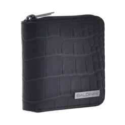 Wallet with zip in black leather with crocodile print