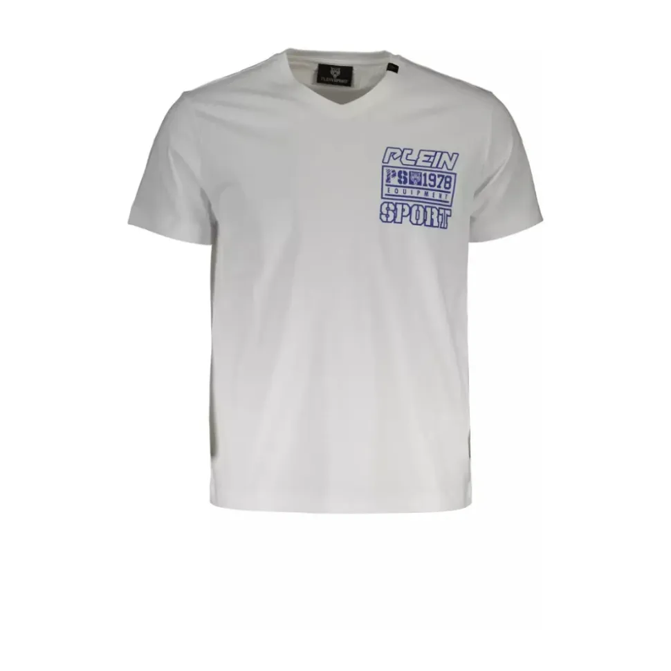 White Cotton V-Neck T-Shirt with Print